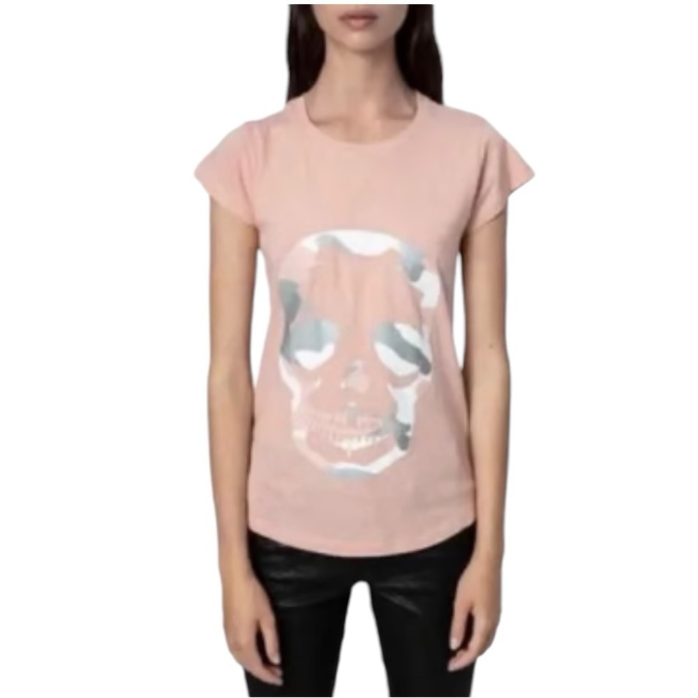 Zadig & Voltaire Pale Pink Skull Graphic Split Neck Short Sleeve T Shirt Women M